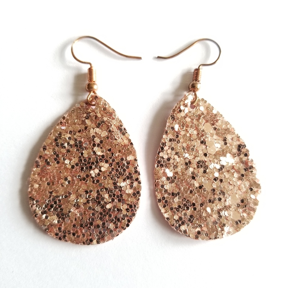 Glitter earrings pink rose gold color copper hook earwires
